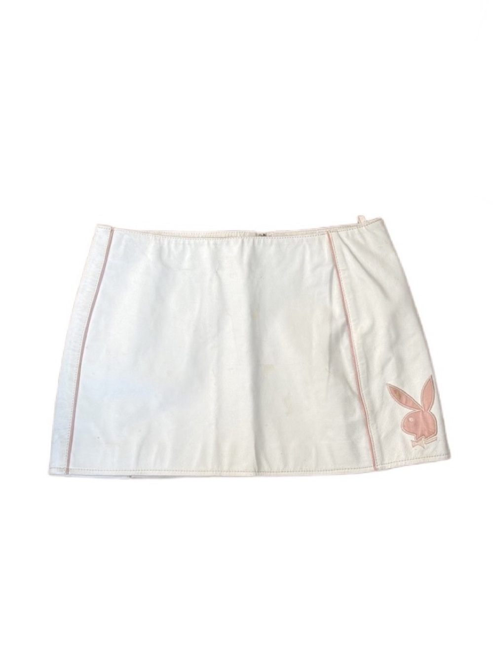 PLAYBOY White Real Leather Mini Skirt with Pink Logo Trim